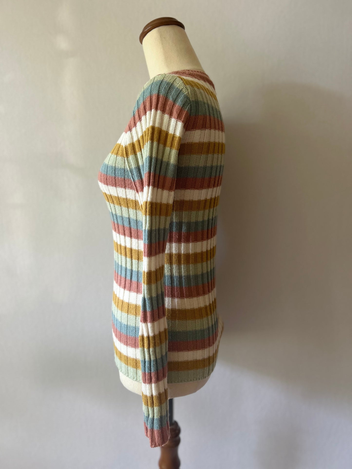 Retro Multi-Striped Ribbed Crewneck Knit Jumper - Size 12