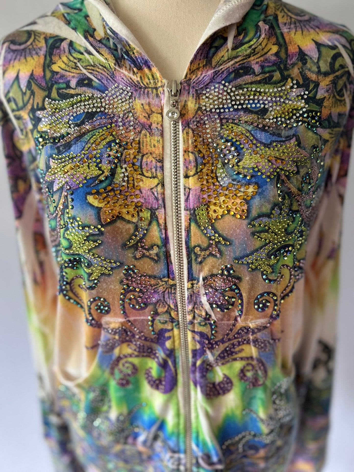 Y2K Rhinestone Embellished Graphic Zip-Up Hoodie - Size L