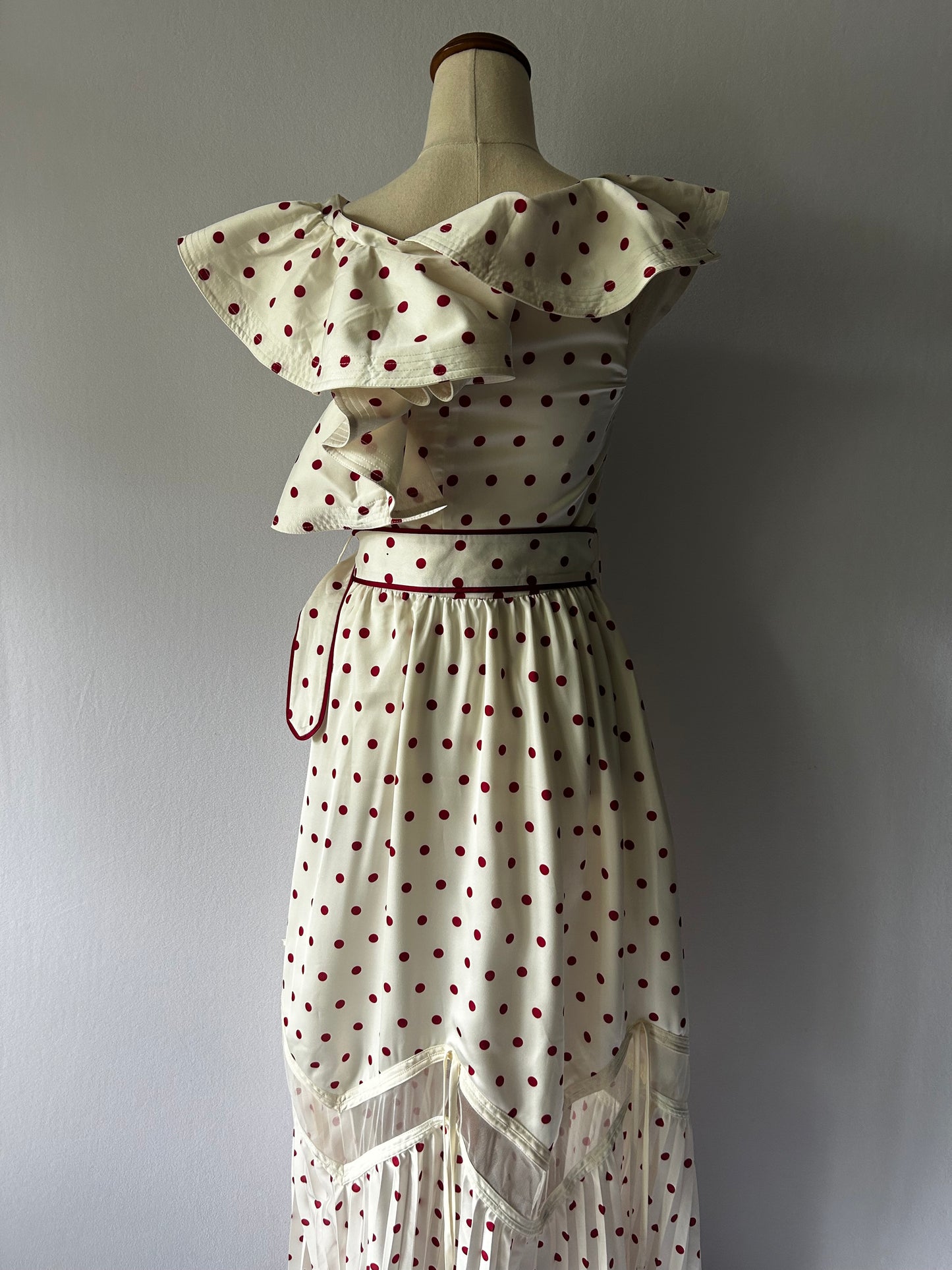 Satin Polka Dot One-Shoulder Ruffle Dress | Cream & Burgundy | UK 8, new with tag