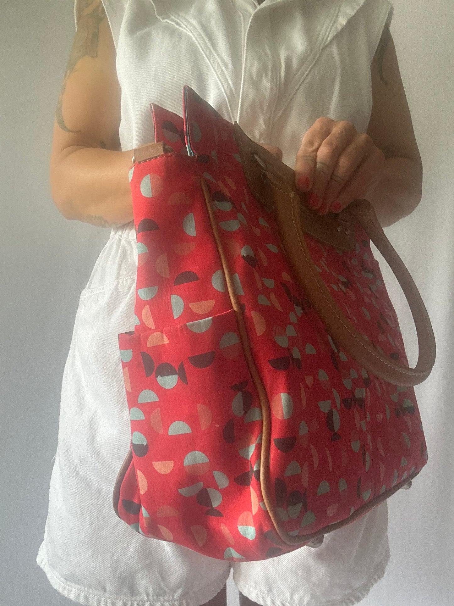 Practical Red Patterned Tote Bag with Tan Handles