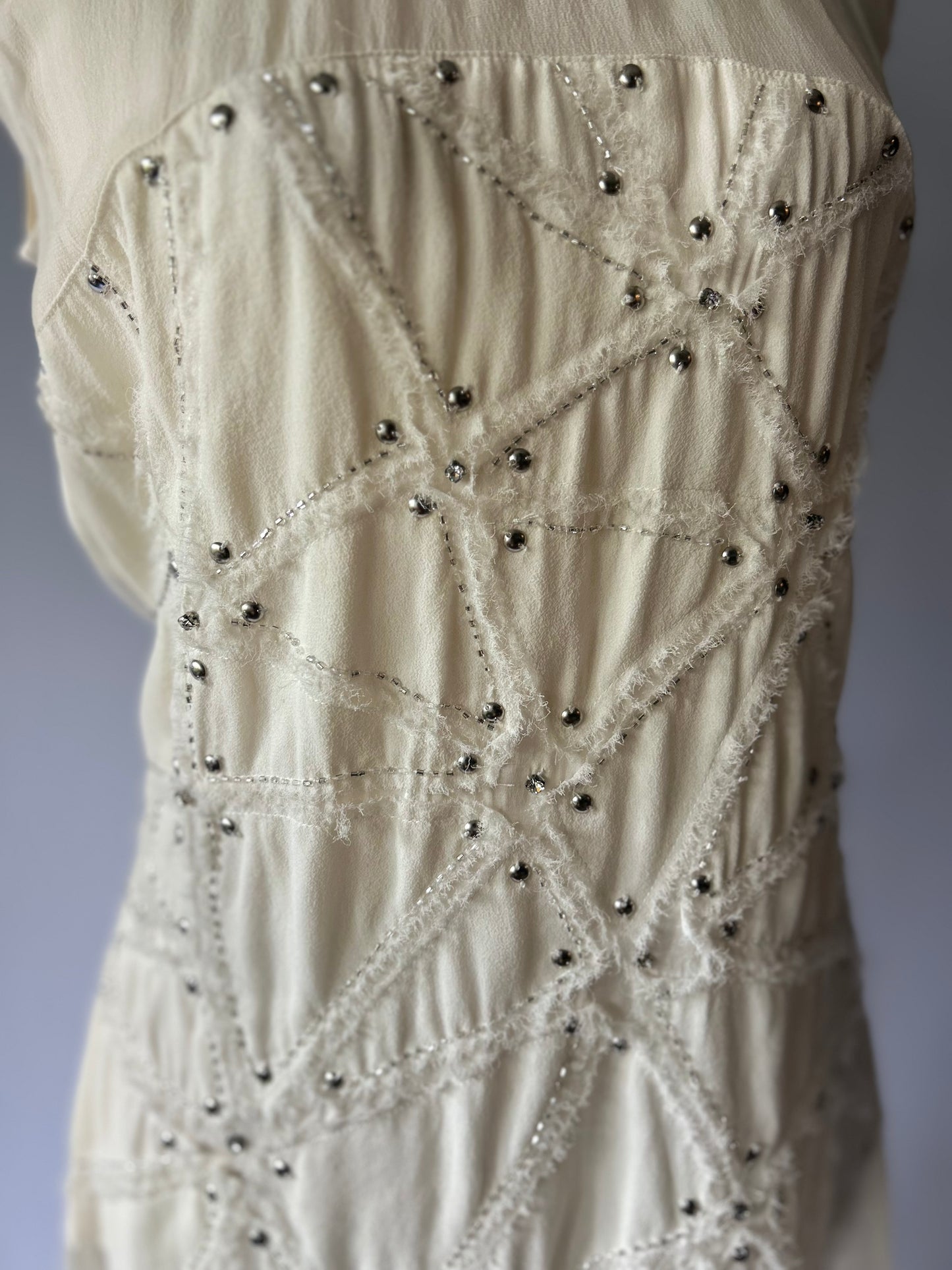 Lulu Cream Silk Embellished Drop-Waist Dress - Size M