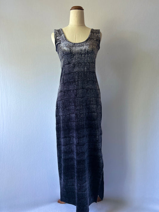 Silver & Midnight Metallic Shimmer Grid Column Maxi Dress - Size M
