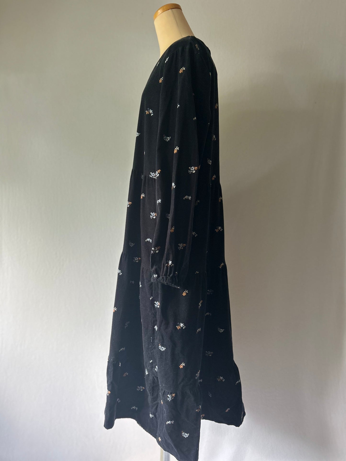 Navy Floral Tiered Corduroy Midi Dress - Size 14