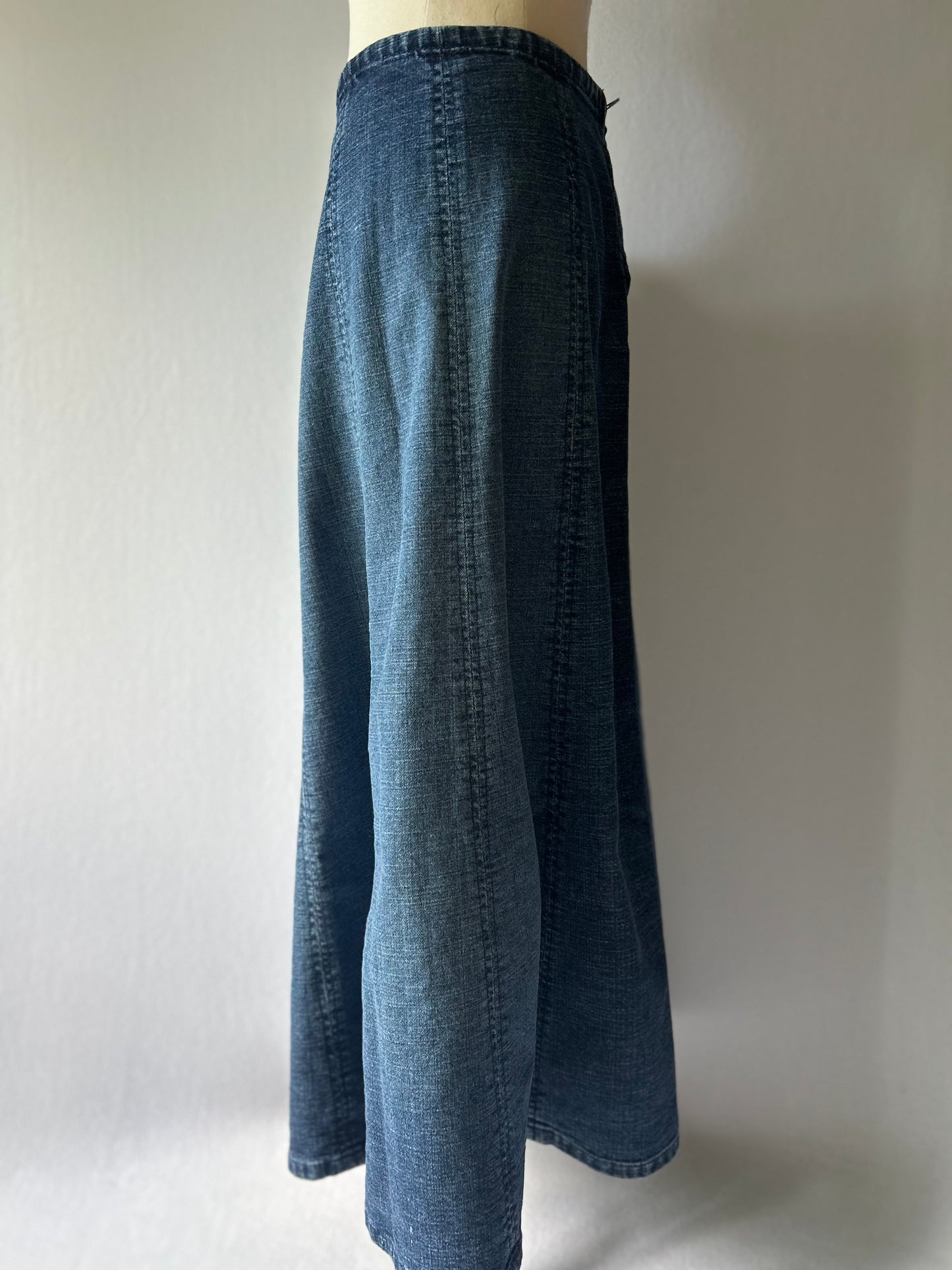 Paneled Stretch Denim Maxi Skirt - Dark Indigo Wash - Size 14