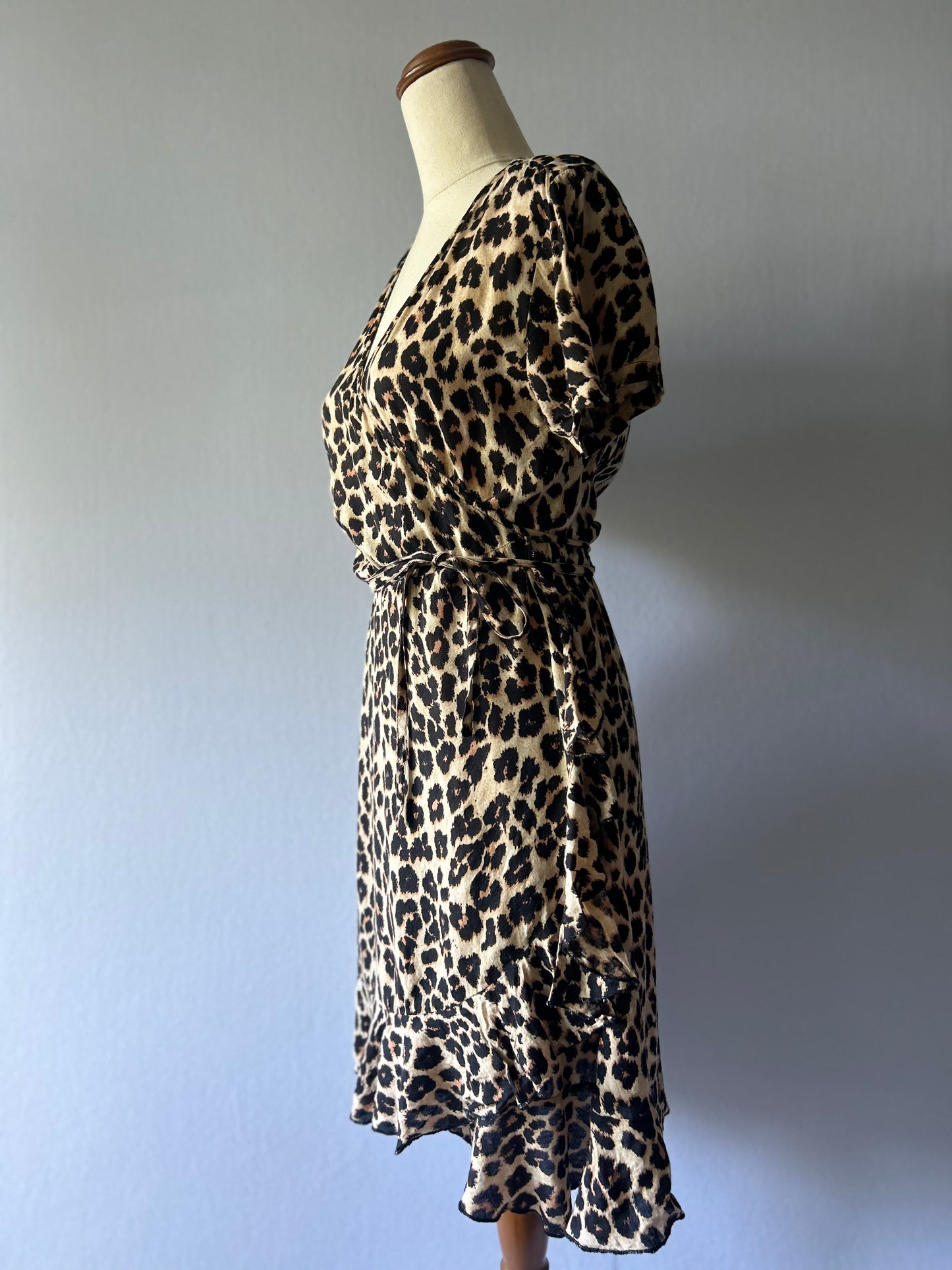 Romantic Leopard Print Wrap Dress with Ruffle Trim - Size S