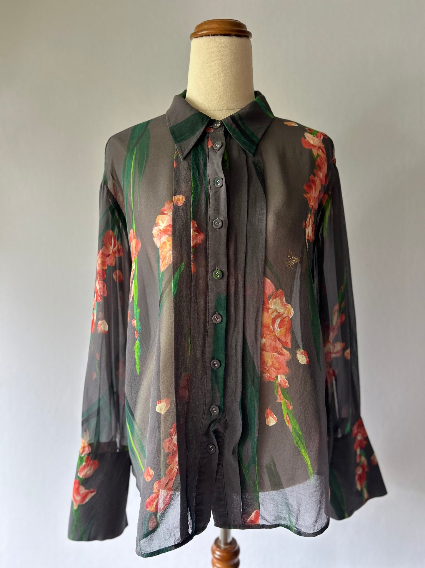 Sheer Charcoal Silk Floral Button-Down Blouse - Size UK 10/Eur38
