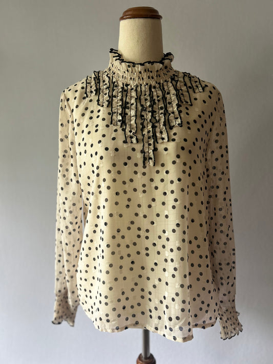 Cream & Black Polka Dot Smocked Ruffle High-Neck Blouse - Size M