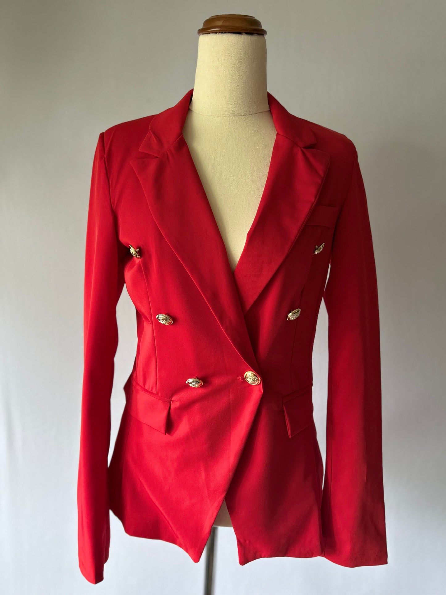 Red Double-Breasted Blazer with Gold Buttons – Size S – Viscose Blend