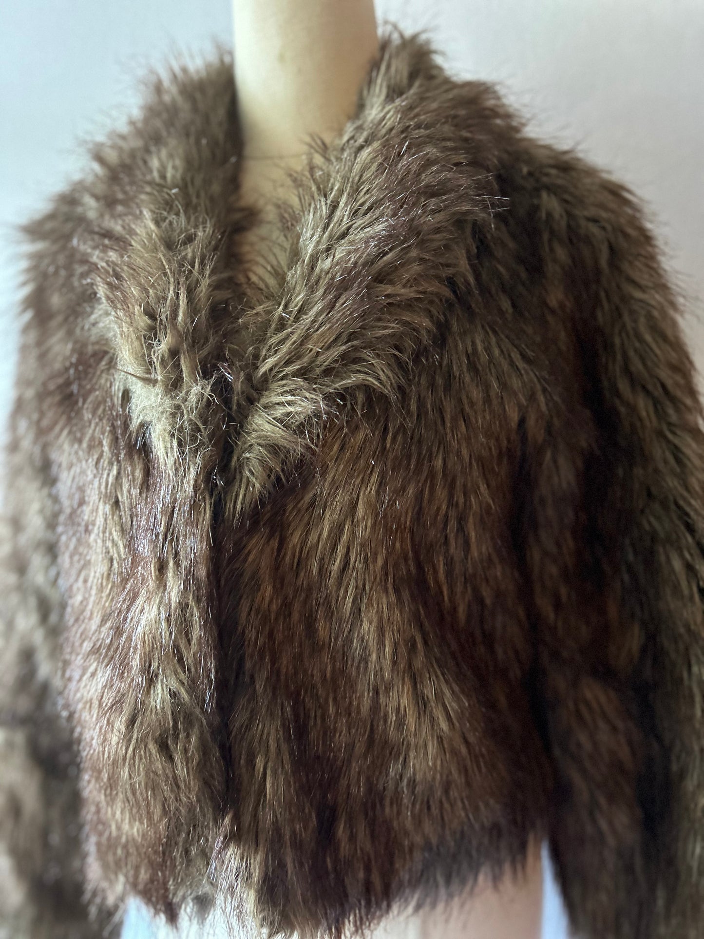 Shaggy Faux Fur Cropped Shawl Collar Jacket - Size XS