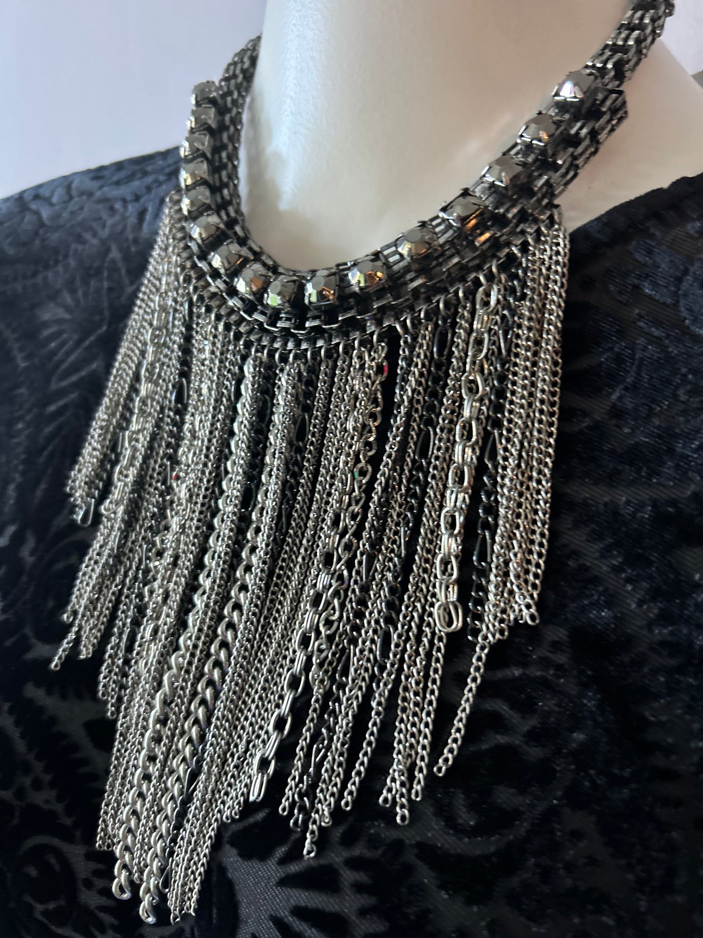 Vintage Gunmetal Rhinestone Collar & Cascading Chain Fringe Necklace