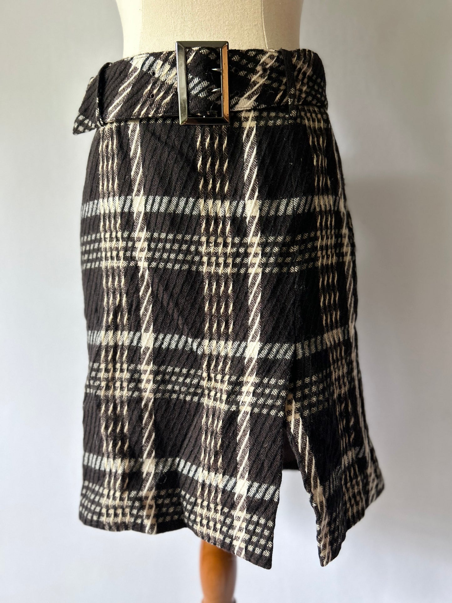 Textured Monochrome Check Belted Skirt – Size EUR 38 / US 4