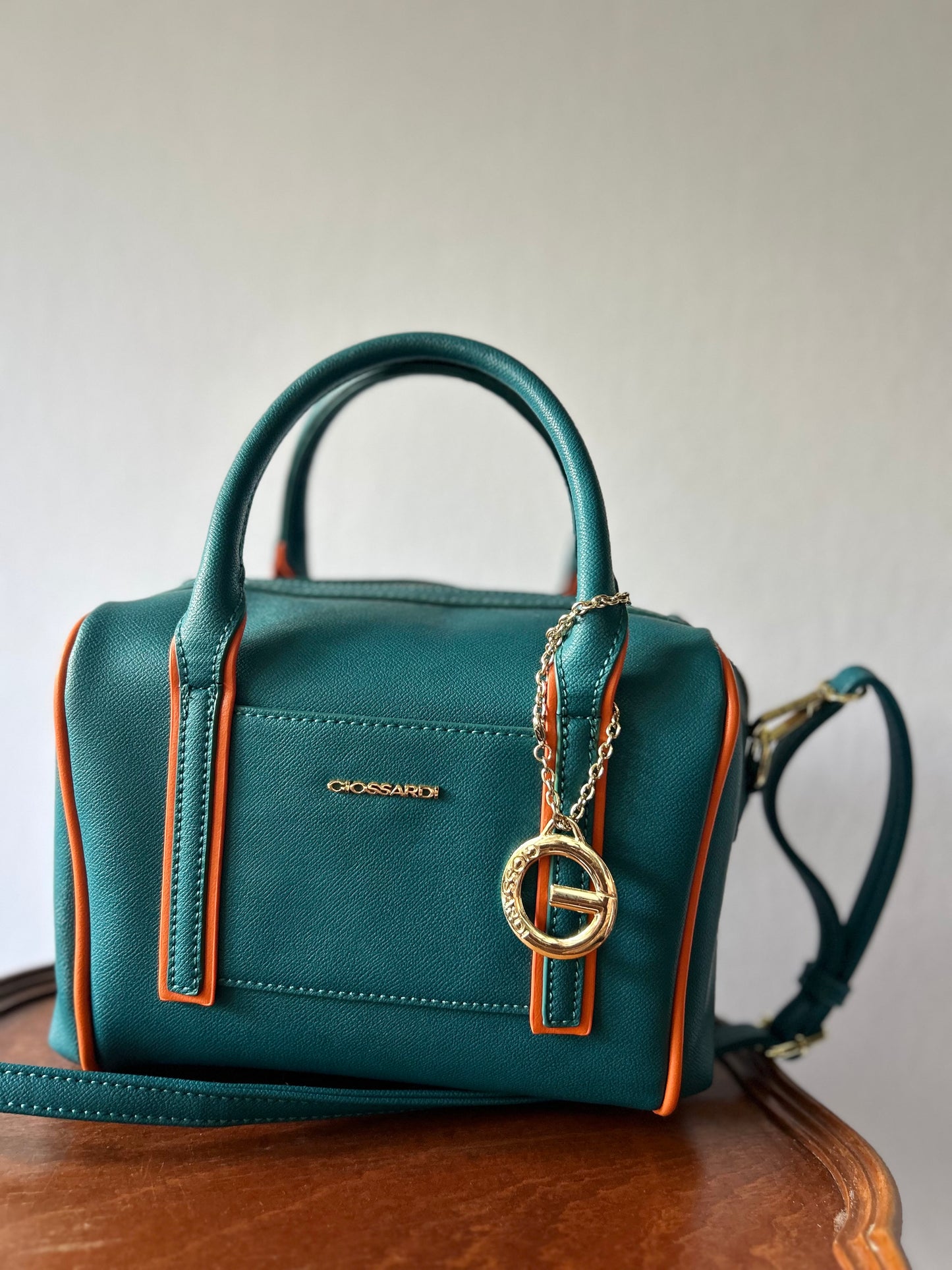 Giossardi Faux-Leather Dual-Strap Bowling Bag - Teal & Orange Detail