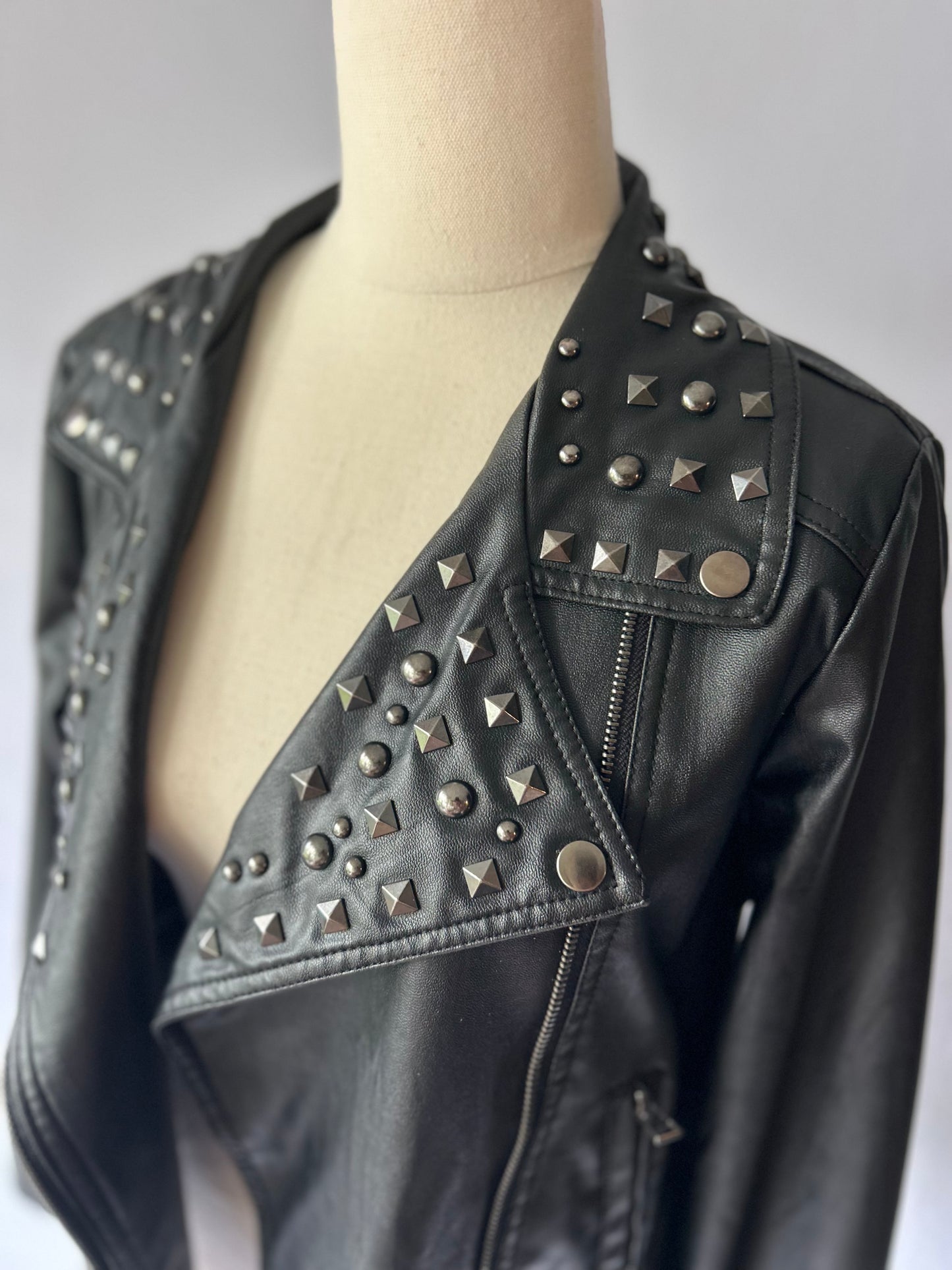 Studded Faux Leather Biker Jacket - Black - Size 12