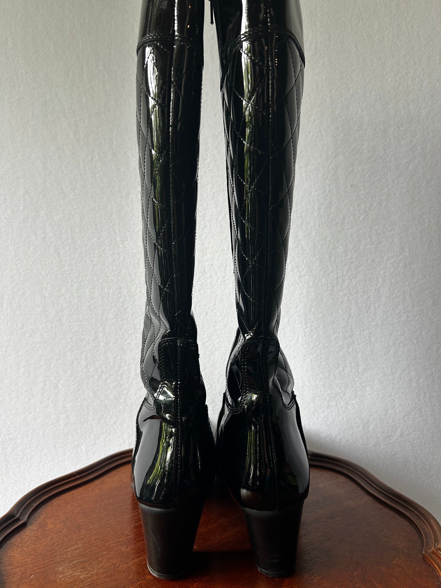 Italian-Made Quilted Patent Vinyl Knee-High Boots - Size 36