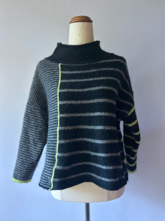 Ldco Melbourne Asymmetric Striped Wool Funnel Neck Jumper - Black, Grey & Lime - Size Small
