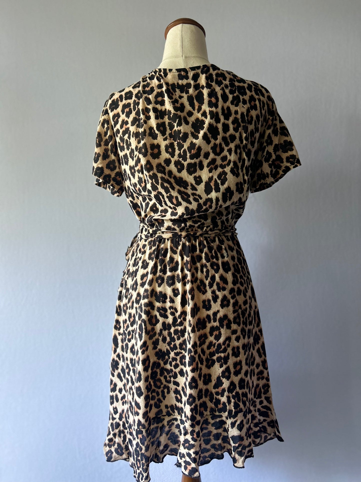 Romantic Leopard Print Wrap Dress with Ruffle Trim - Size S