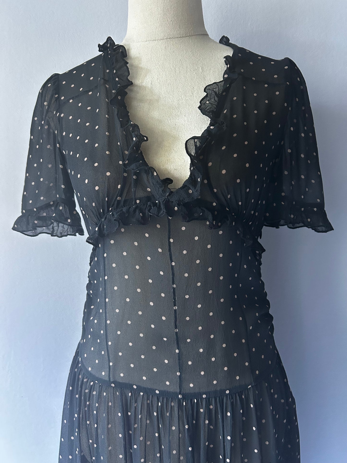 Alannah Hill 100% Silk Polka Dot Ruffle Midi Dress - Size 8