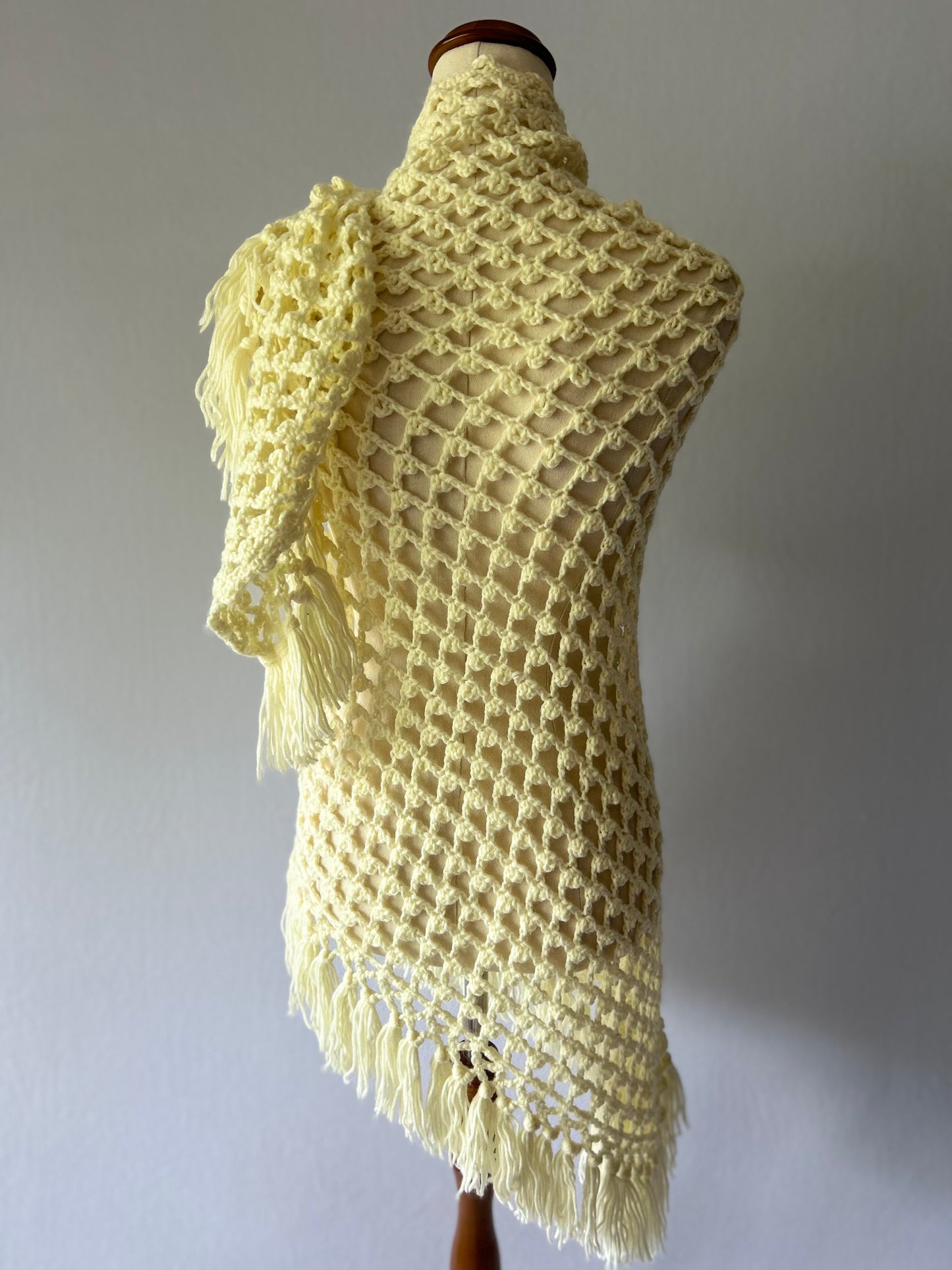 Vintage Hand-Crocheted Cream/Pale Yellow Fringe Wrap Shawl
