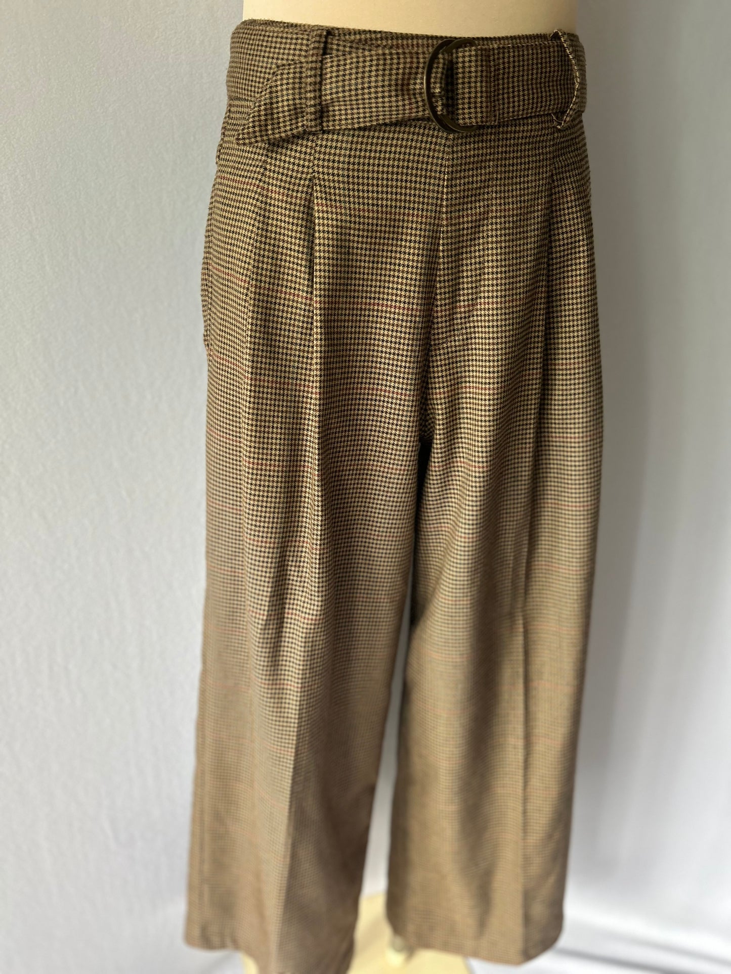 Brown Gingham Check Wide-Leg Belted Trousers - Size M