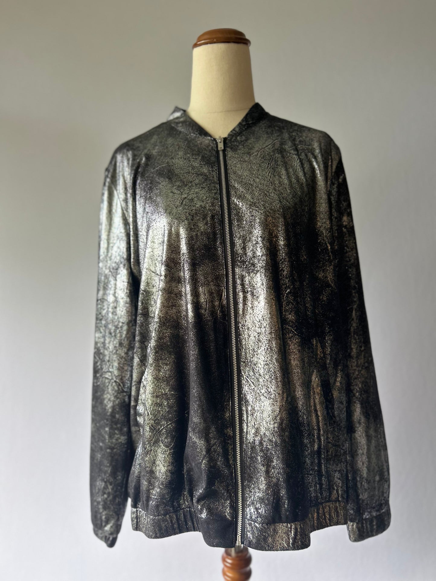 Metallic Silver Textured Bomber Jacket - Size L
