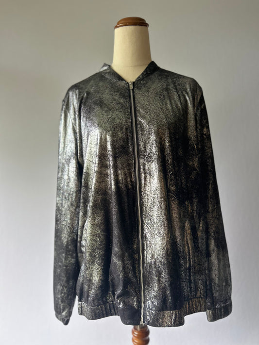 Metallic Silver Textured Bomber Jacket - Size L