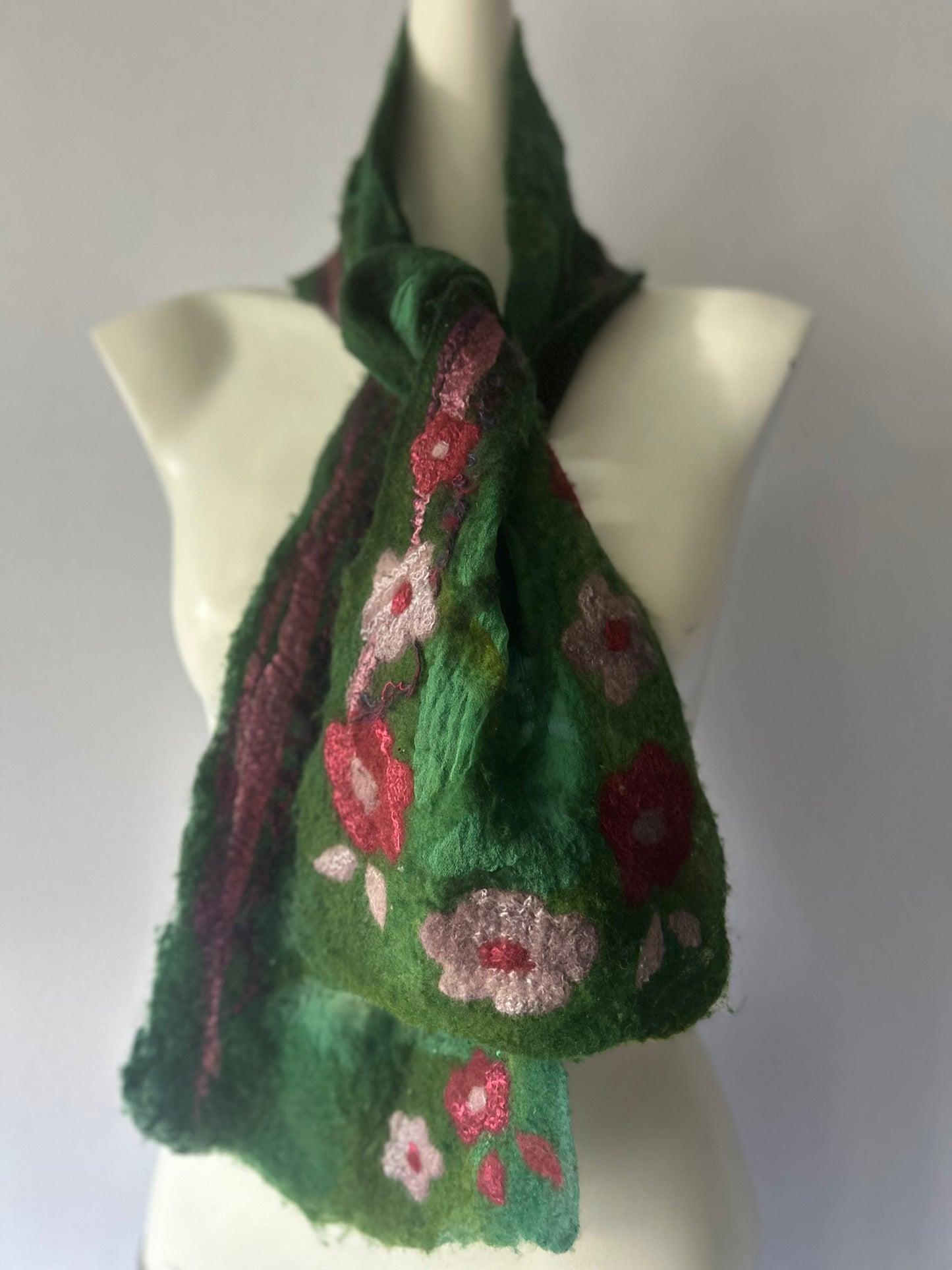 Artisan Hand-Felted Wool & Silk Floral Scarf - Forest Green - One Size