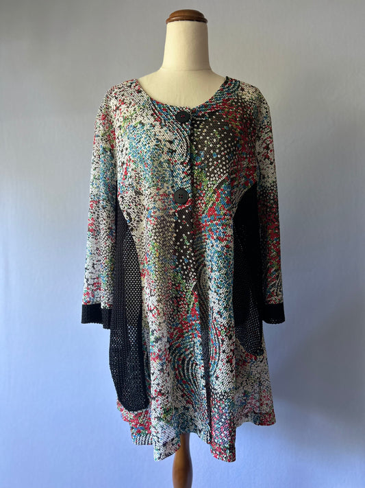 Joseph Ribkoff Abstract Multi-Color Knit Cardigan with Mesh Panels - Size 16