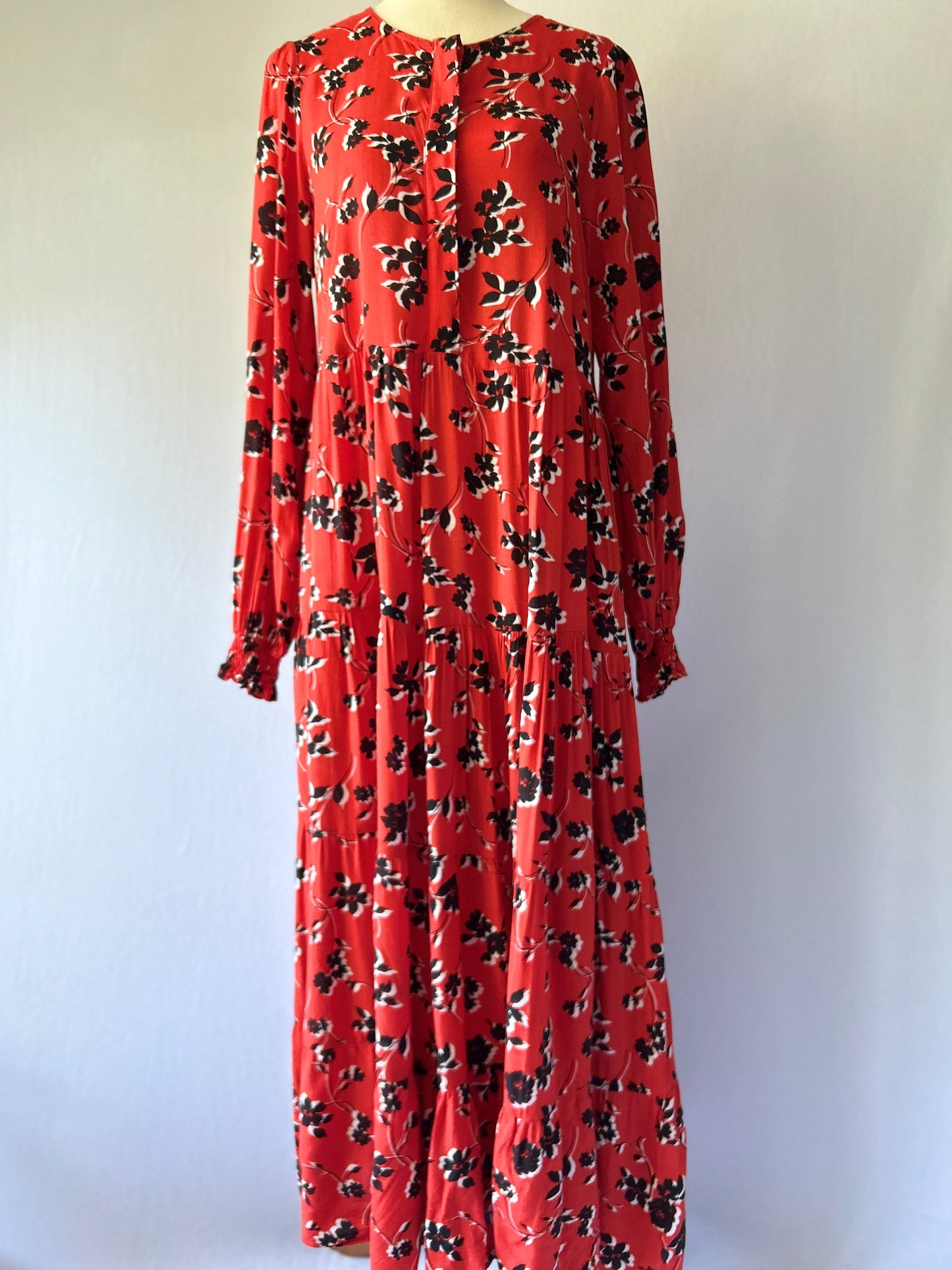 Red Floral Long Sleeve Midi Dress – Size Small