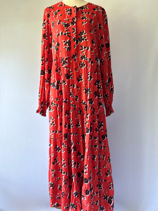 Red Floral Long Sleeve Midi Dress – Size Small