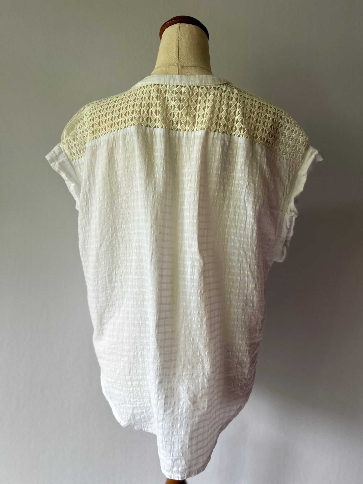 White Textured Boho Blouse with Lace Detail - Size M
