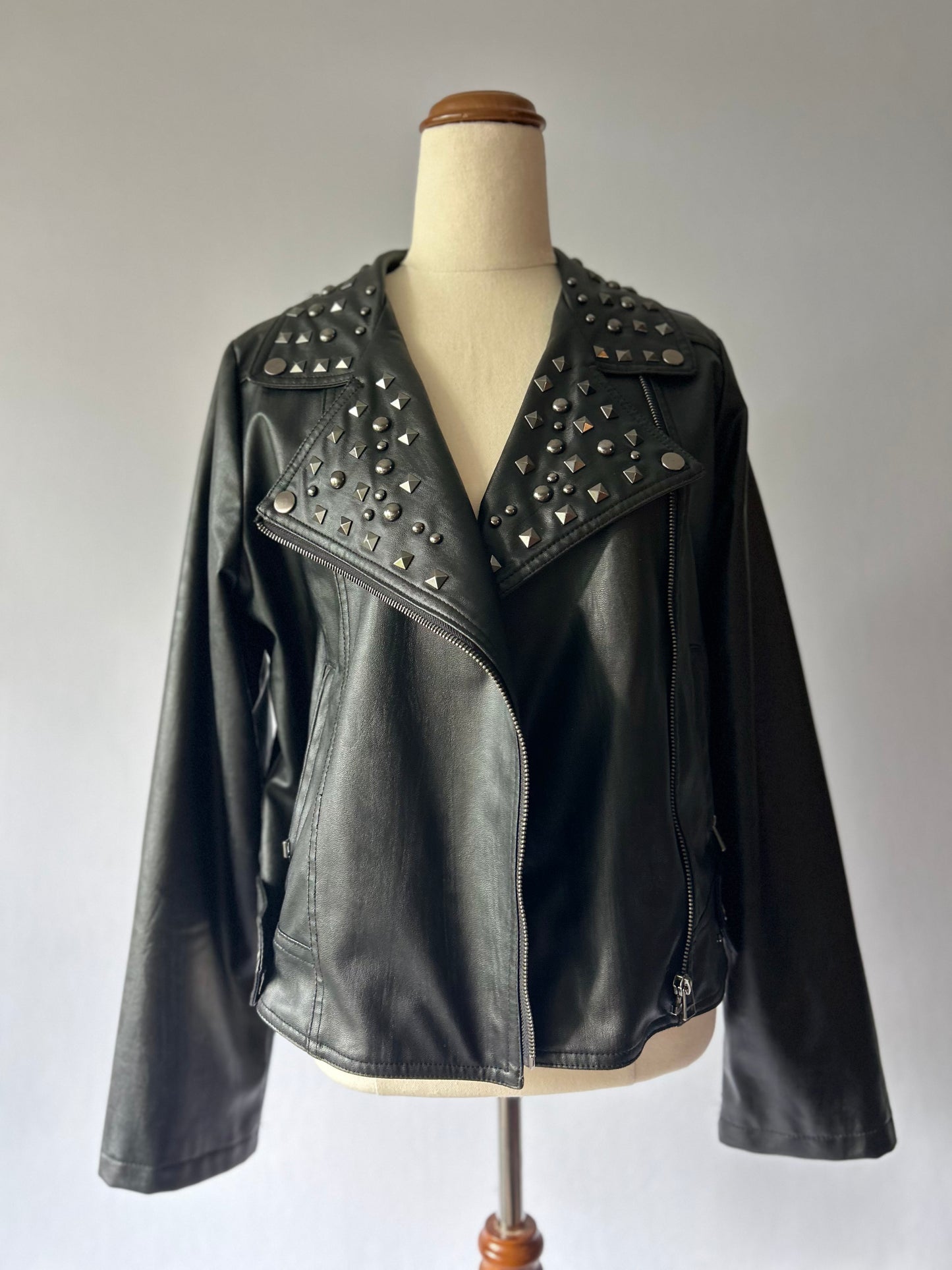 Studded Faux Leather Biker Jacket - Black - Size 12