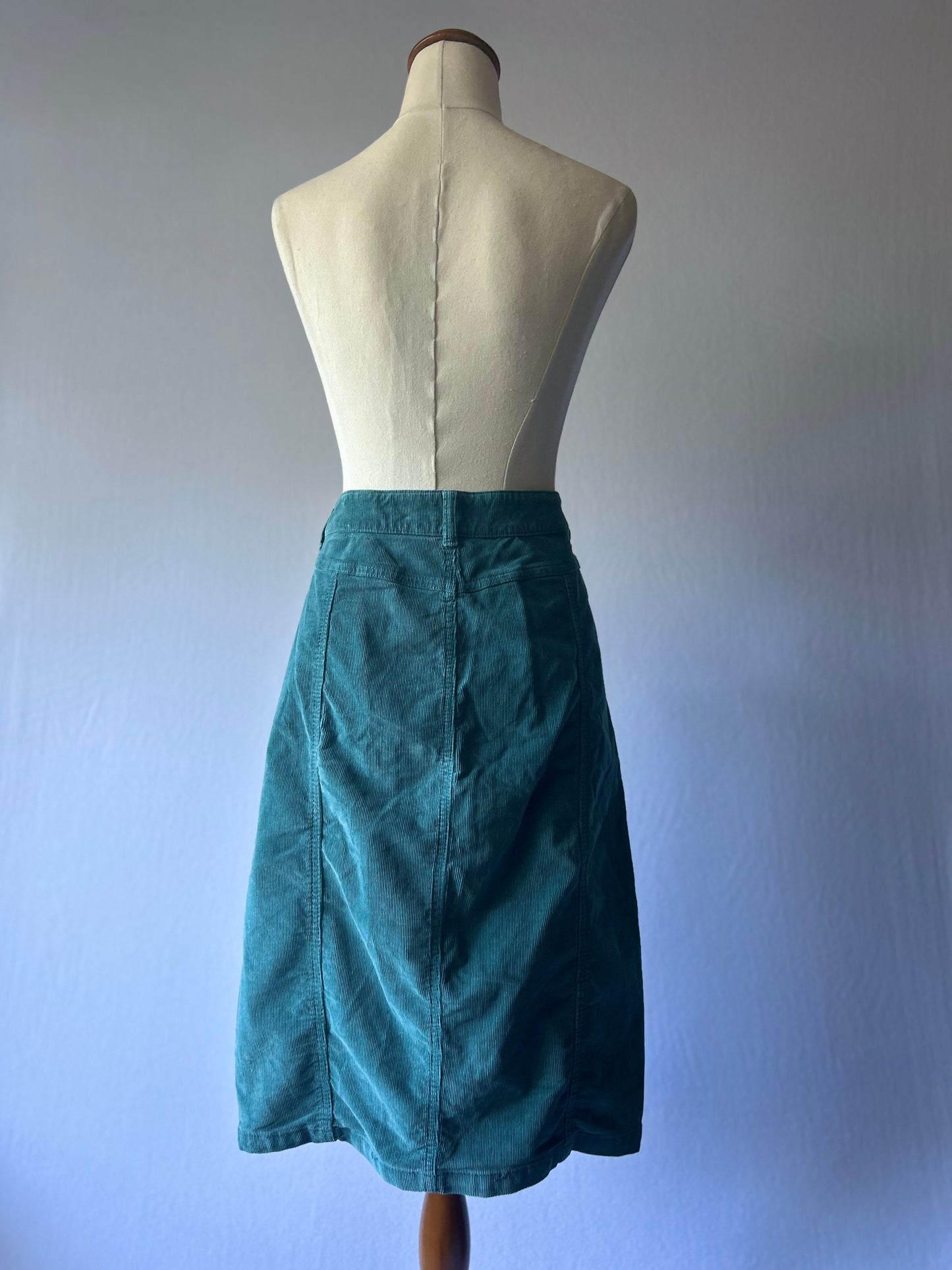 Teal Green Corduroy Skirt | Size 12 | Button-Front with Pockets | Knee Length