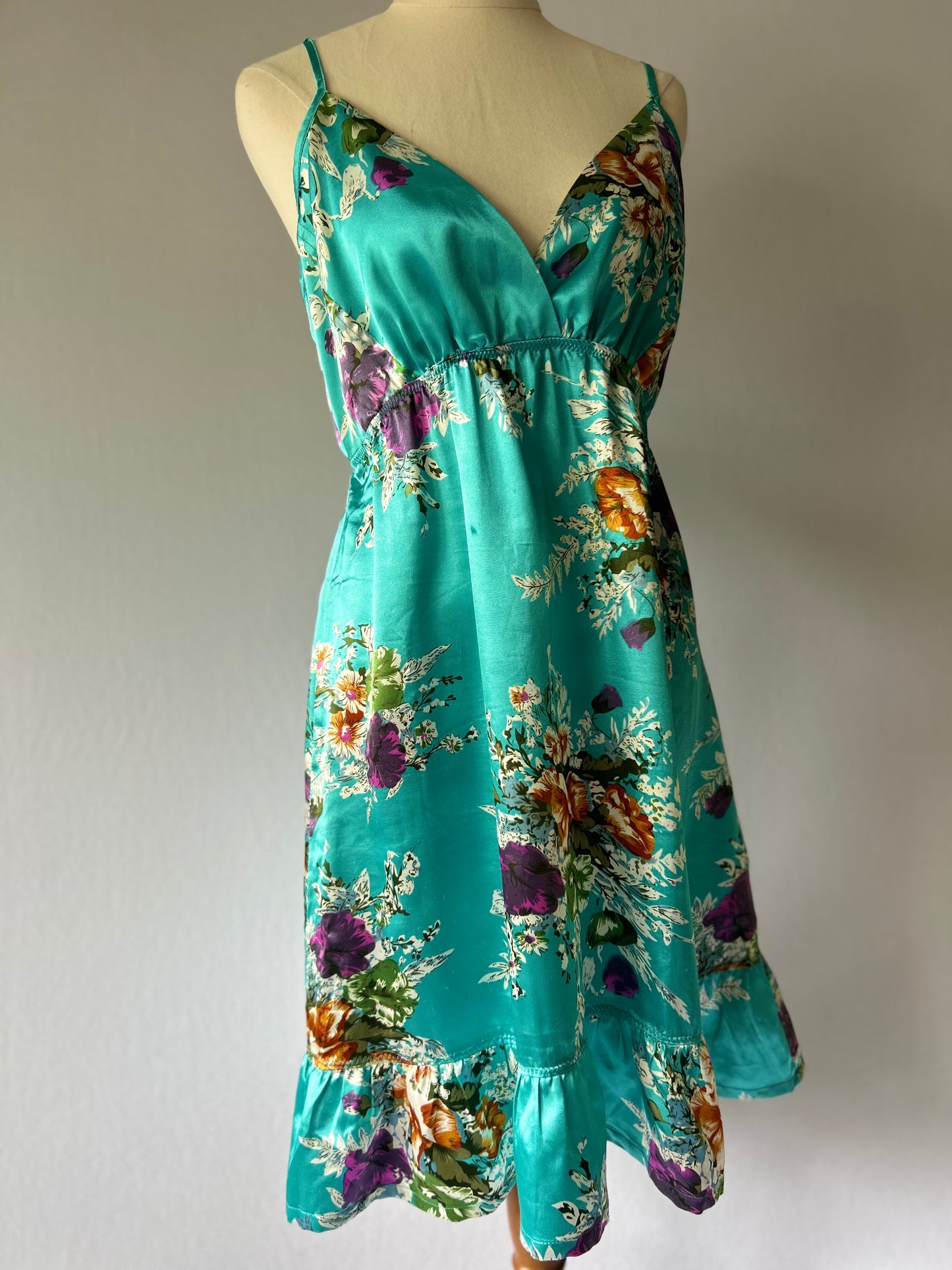 Silky Floral Print Mini Dress - Aqua Blue Ruffle Hem