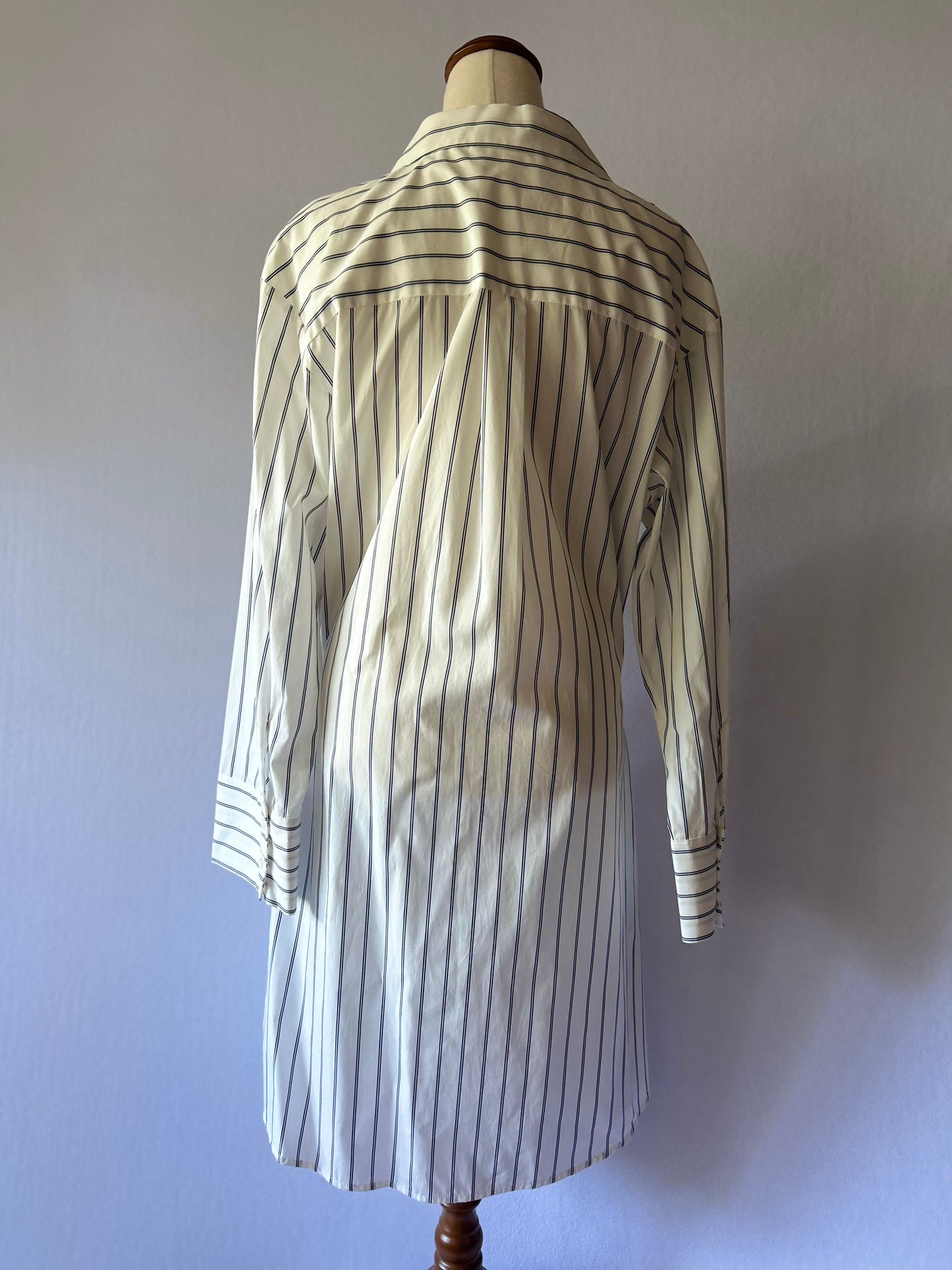 Striped White & Navy Gathered Wrap Style Shirt Dress - Size 14 (100% Cotton)