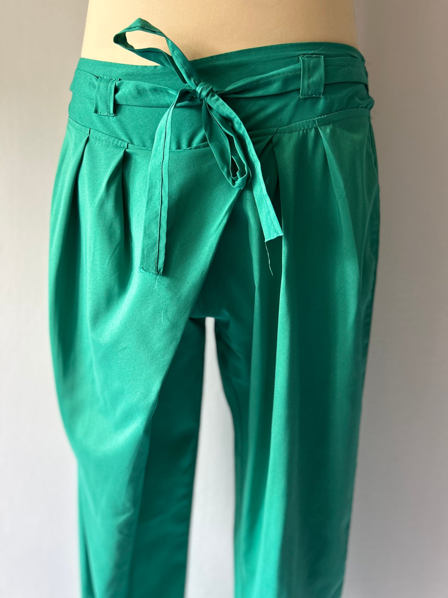 Emerald Green High-Waisted Trousers - Belted Polyester, size L