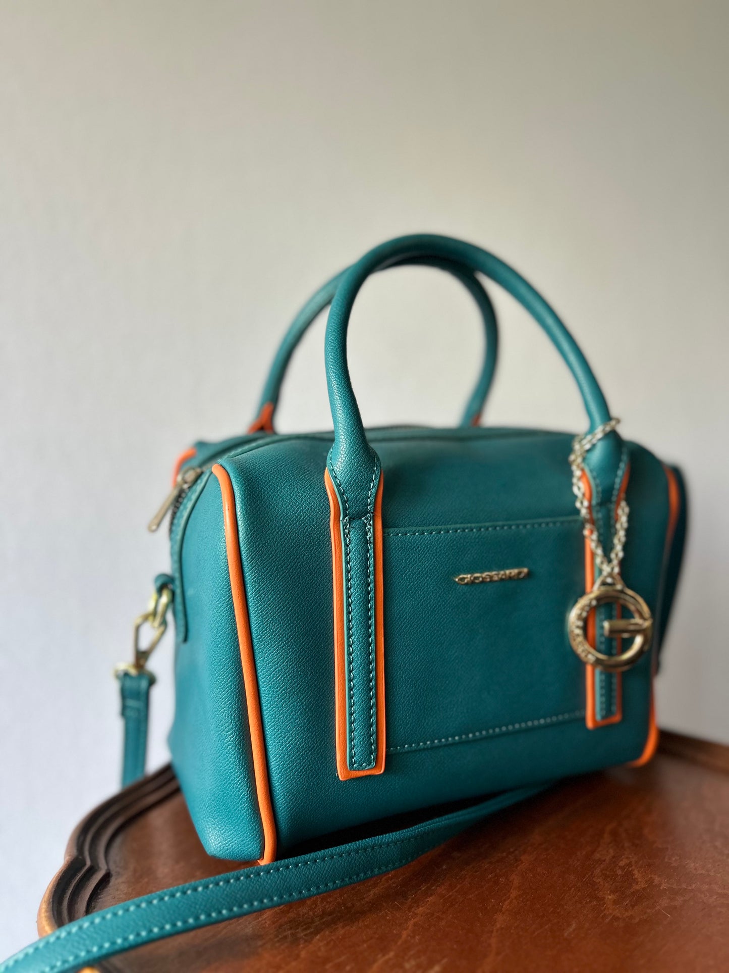 Giossardi Faux-Leather Dual-Strap Bowling Bag - Teal & Orange Detail