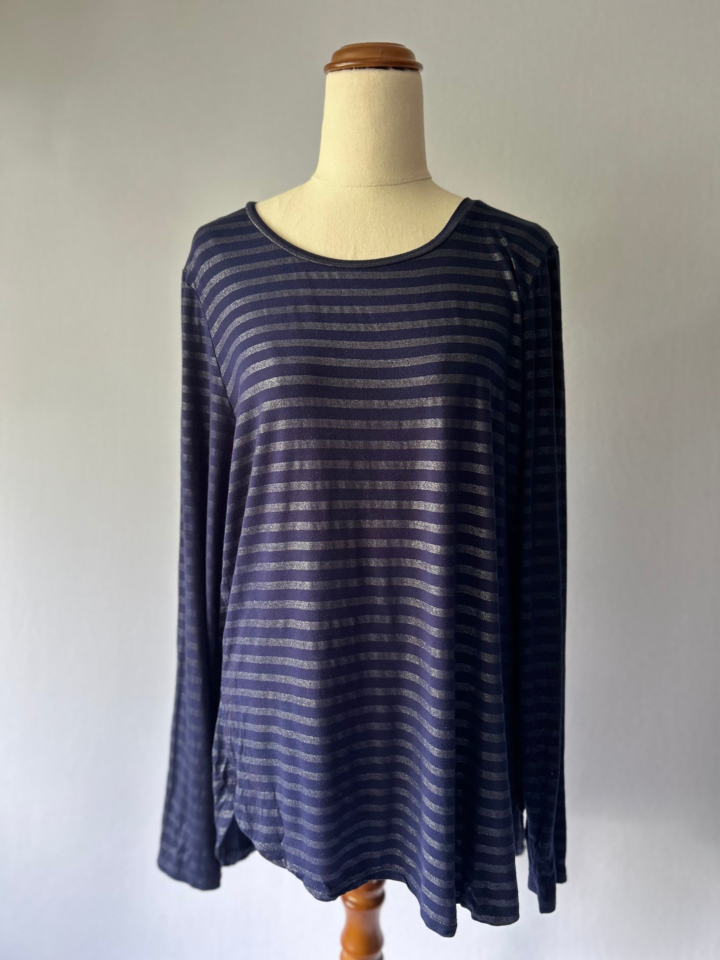 Navy Shimmer Striped Relaxed Top – Size L