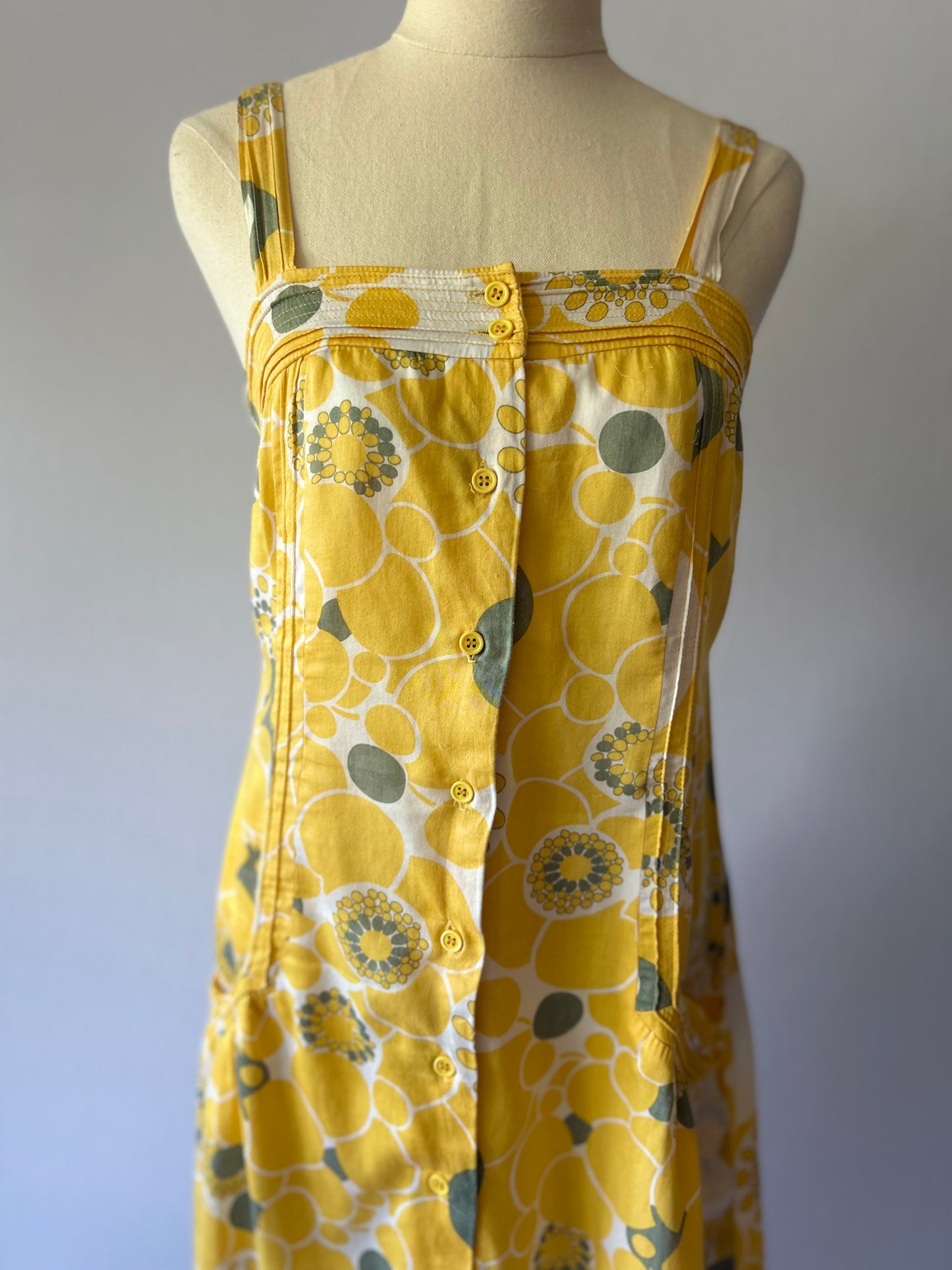 Size Small | Mod Yellow Floral Cotton Sundress | Button Front A-Line Dress