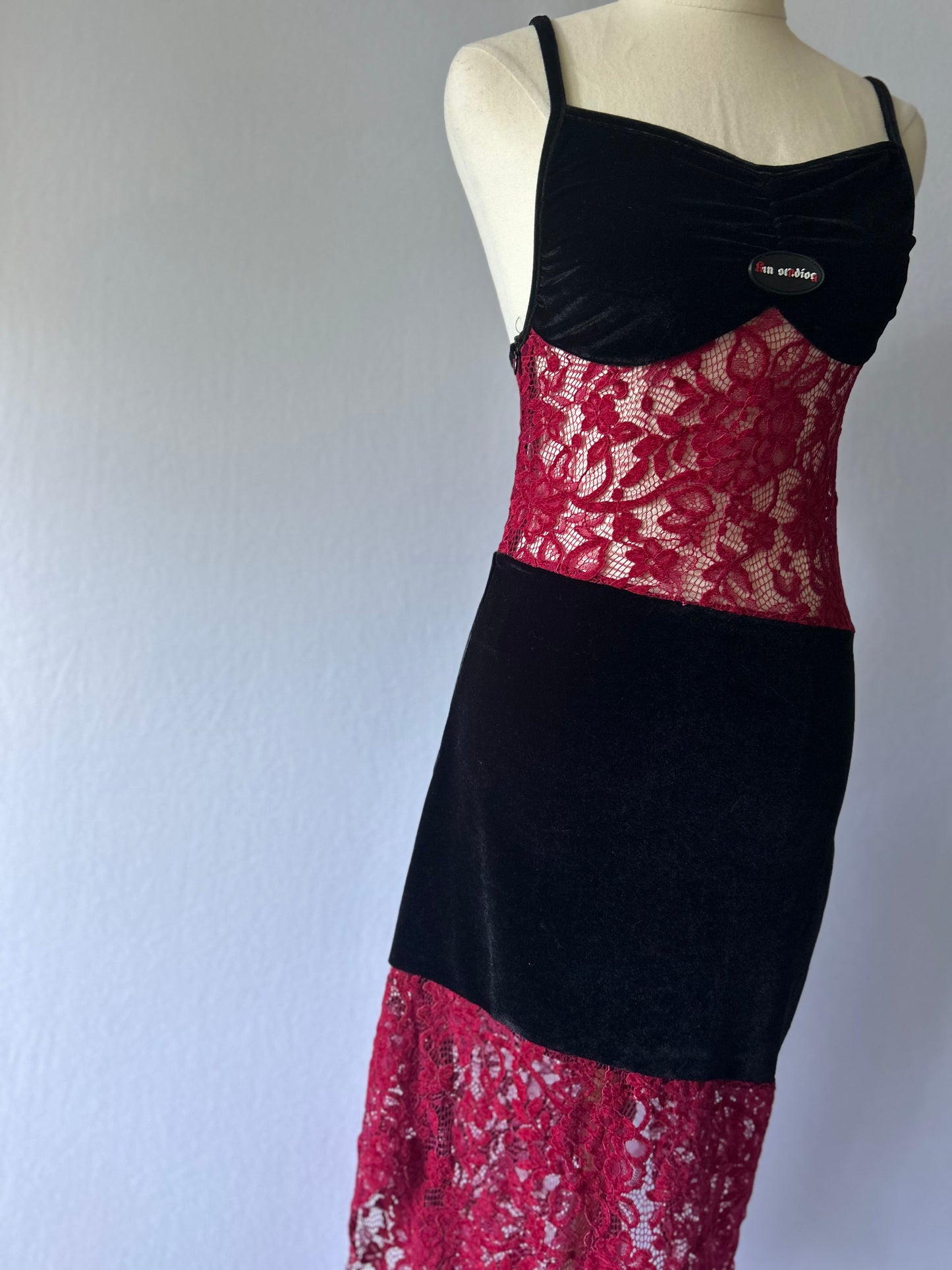 Velvet & Lace Asymmetric Midi Dress - Black & Burgundy - Size M