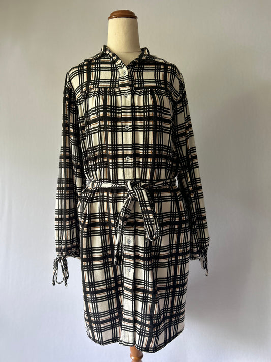 Beige & Black Plaid Cotton Shirt Dress with Belt – Size S