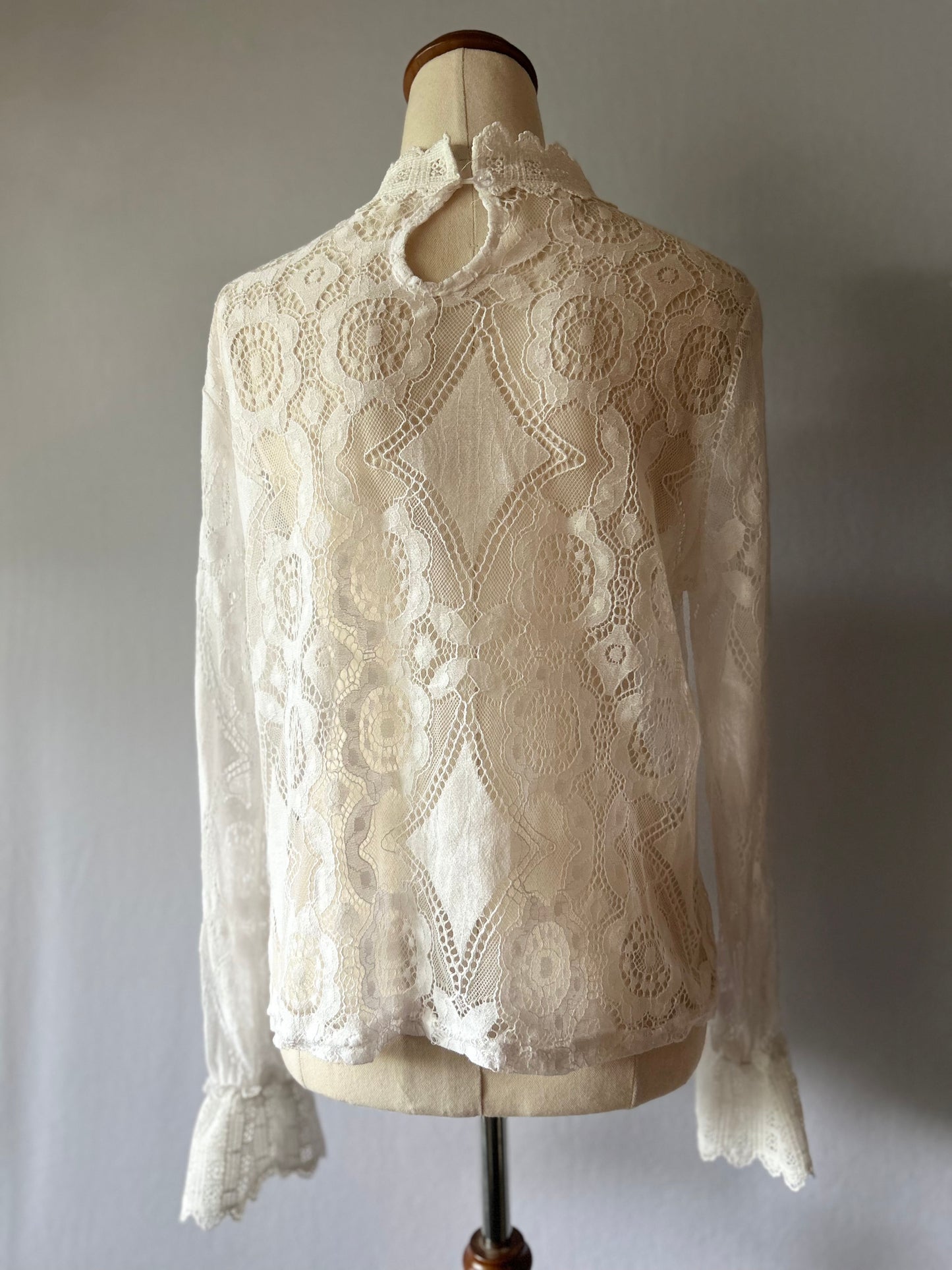 Romantic Sheer Floral Lace Blouse - Ivory White - Size M