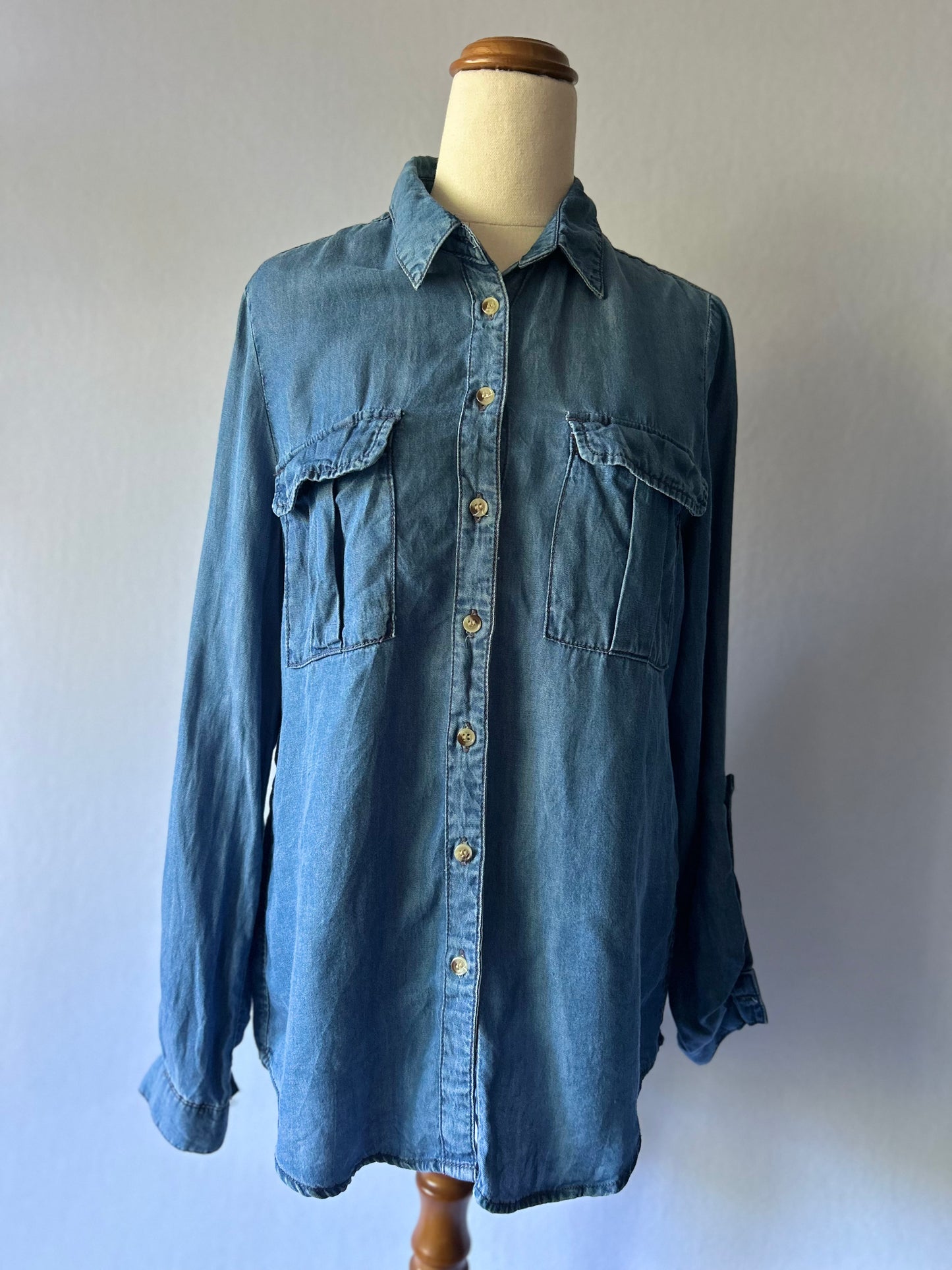 Lyocell Denim-Look Long Sleeve Button-Down Shirt - Size M