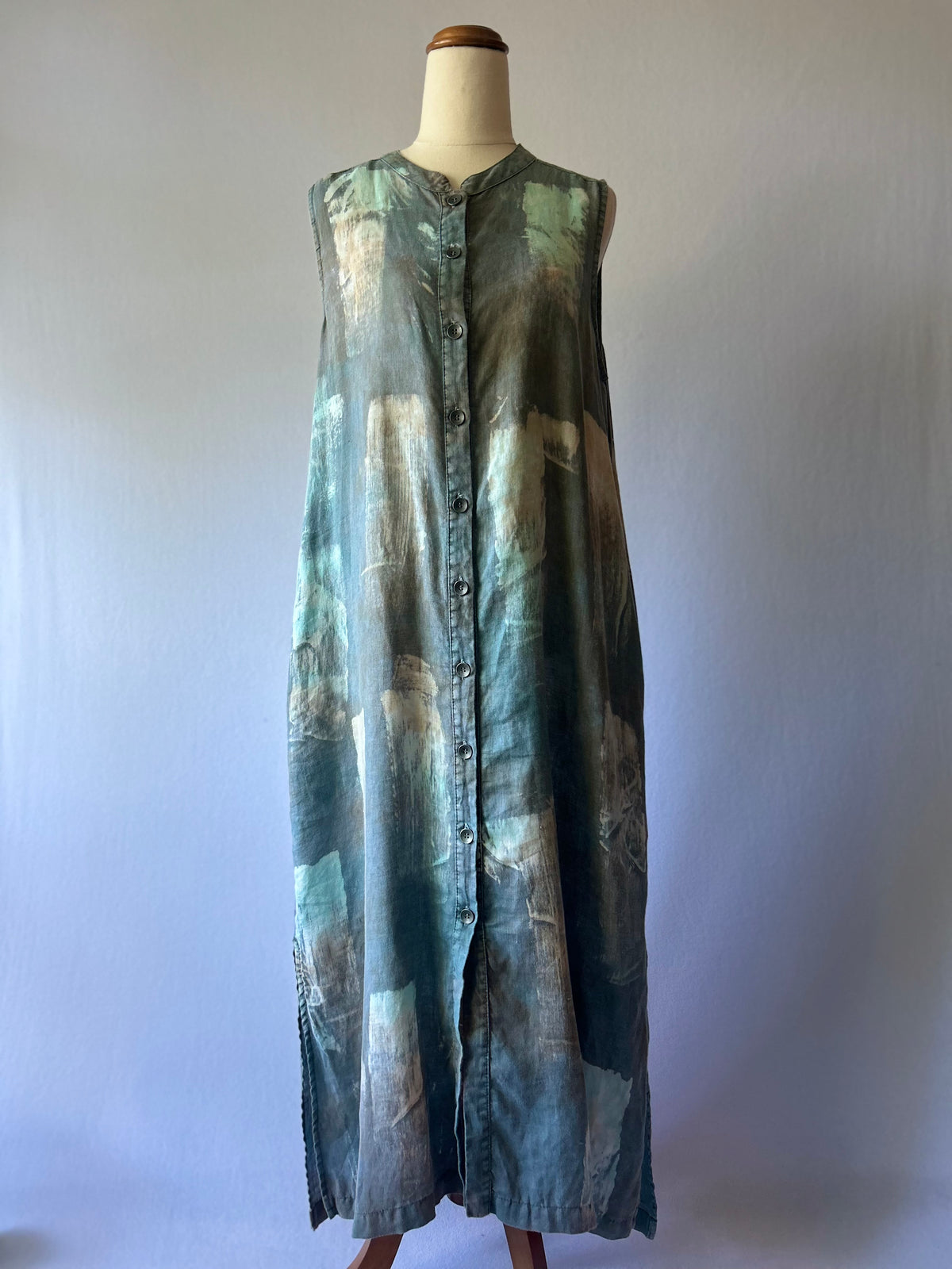 Abstract Brushstroke 100% Linen Sleeveless Shirt Dress - Size S (NZ 8)