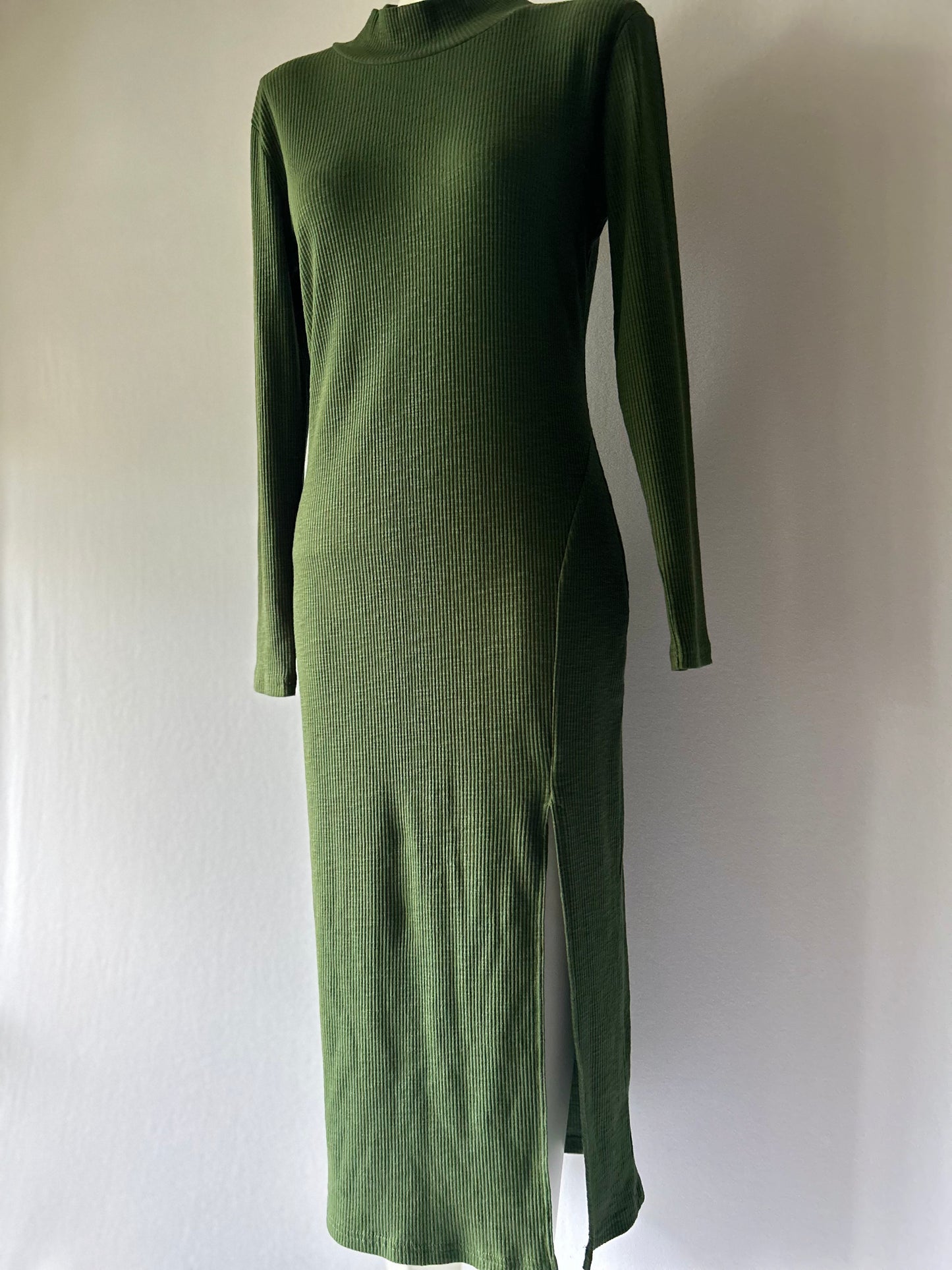 Olive Green Ribbed Mock Neck Maxi Dress - Size XL