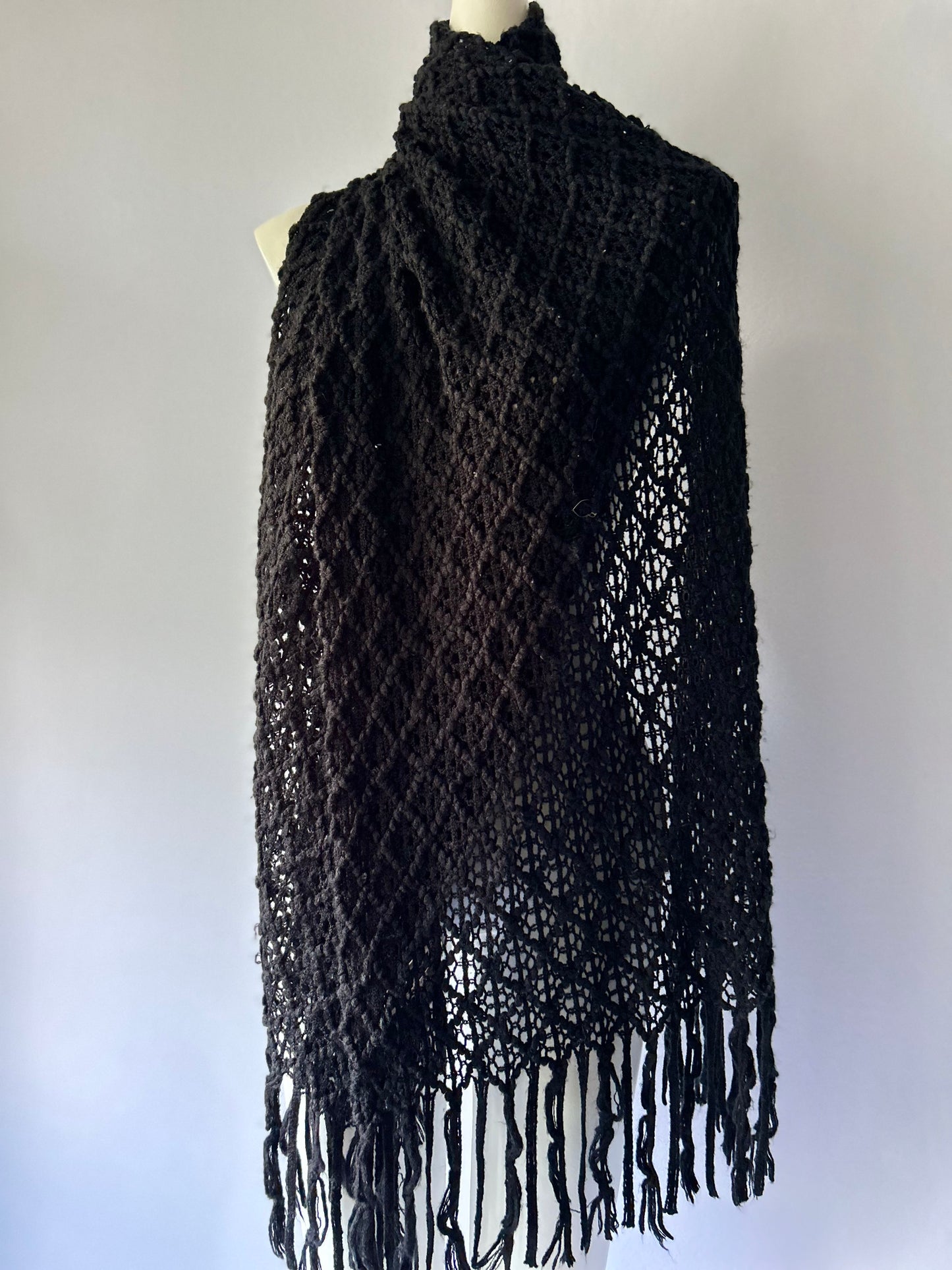 Black Open-Knit Textured Scarf with Fringed Edge - One Size