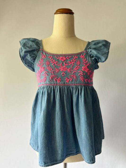 Denim Chambray Babydoll Top with Pink Embroidery Small