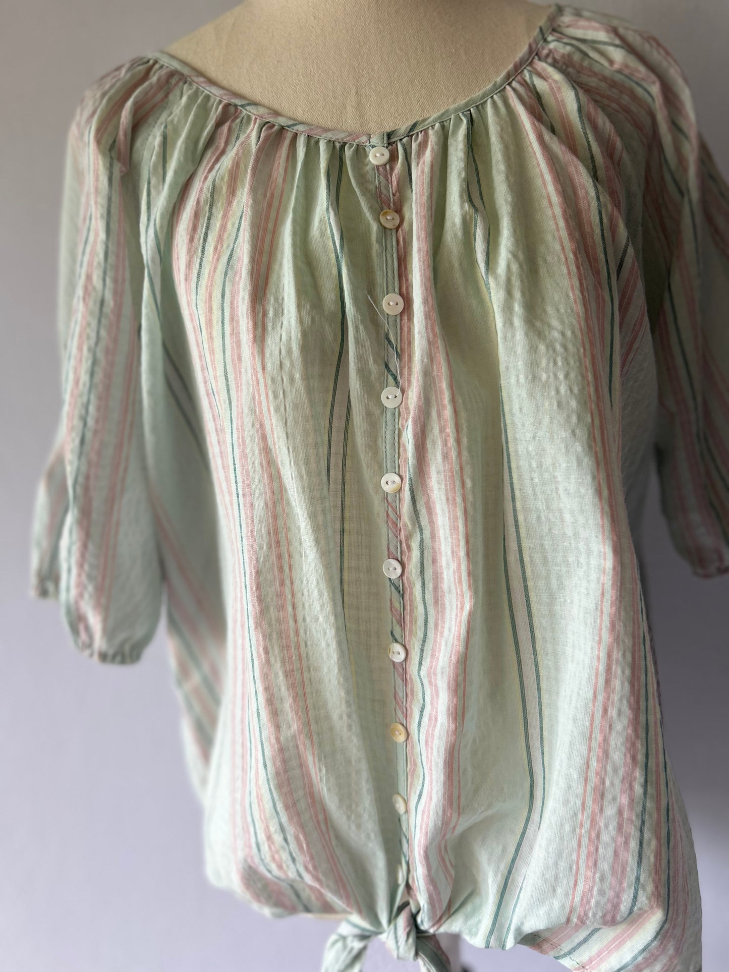 Striped Pastel Button-Up Blouse Size 10 – Cotton Blend