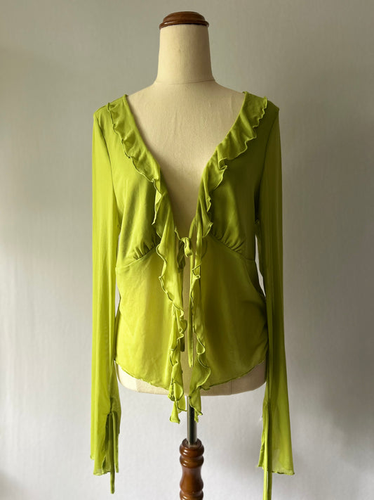 NWT Tiger Mist Lime Green Ruffle Tie-Front Mesh Top - Size XL
