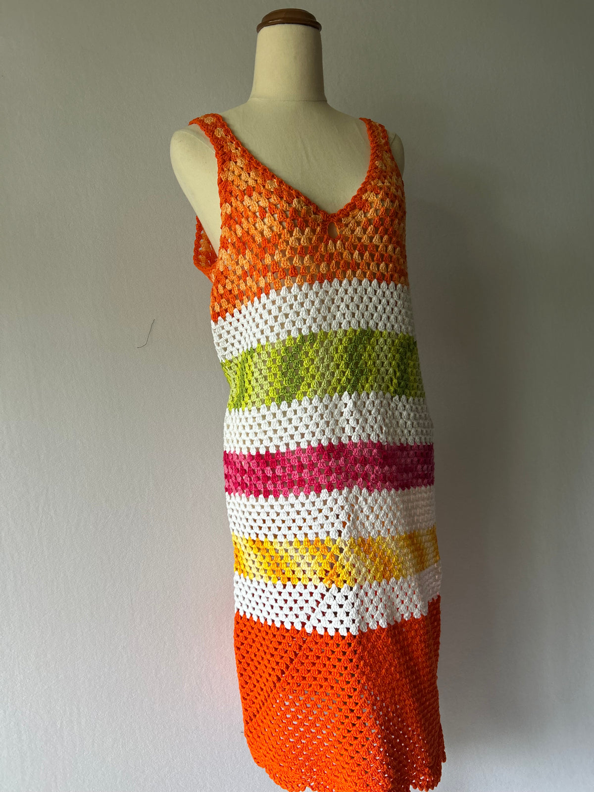 Handmade Cotton Crochet Colour Block Dress – Size S/M | Made by Mum