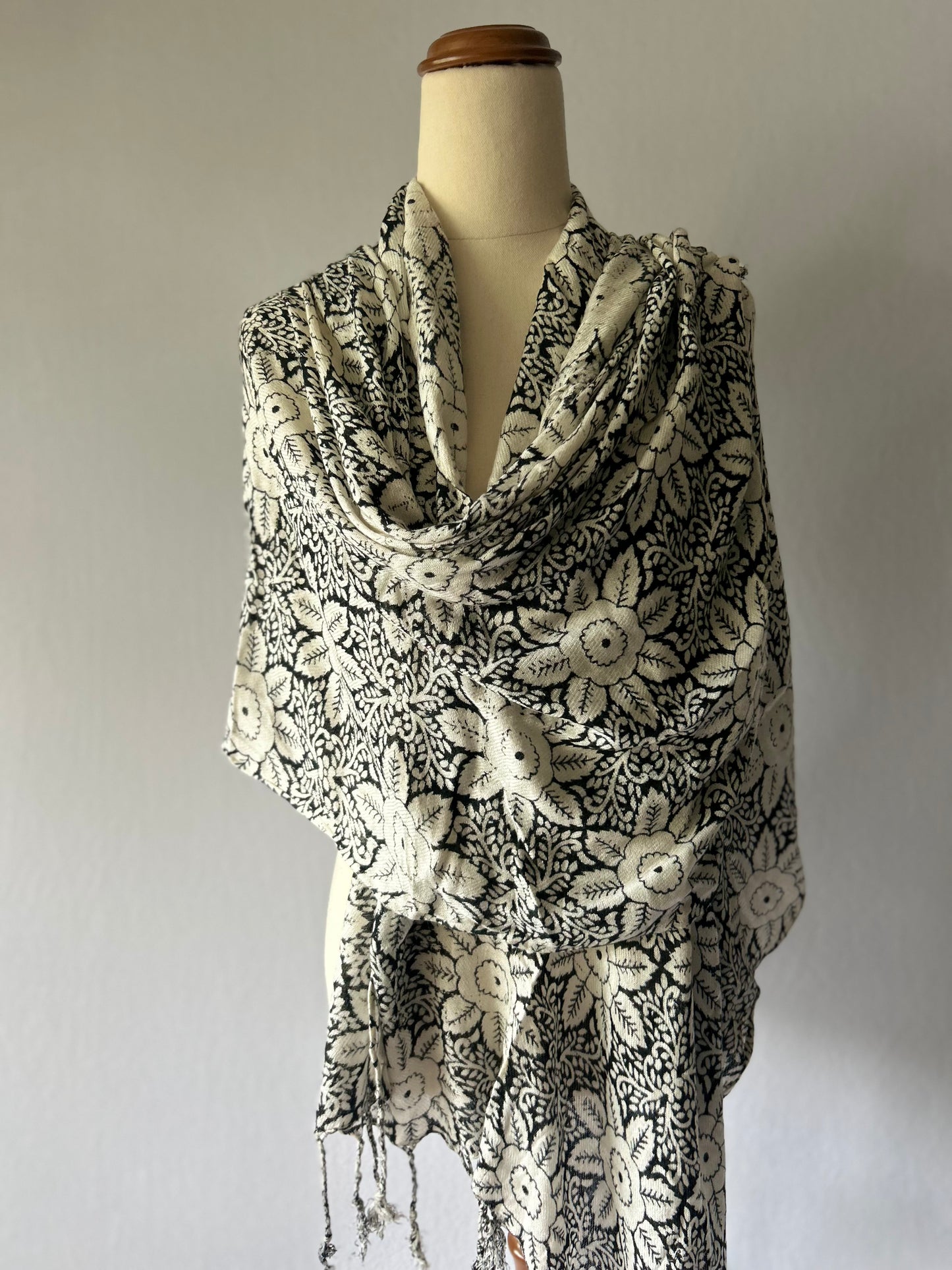 Black & Cream Floral Viscose Scarf